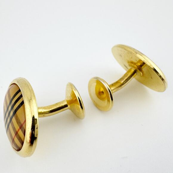 Vintage Plaid Gold Tone Cufflinks Oval Button Style - Picture 7 of 10